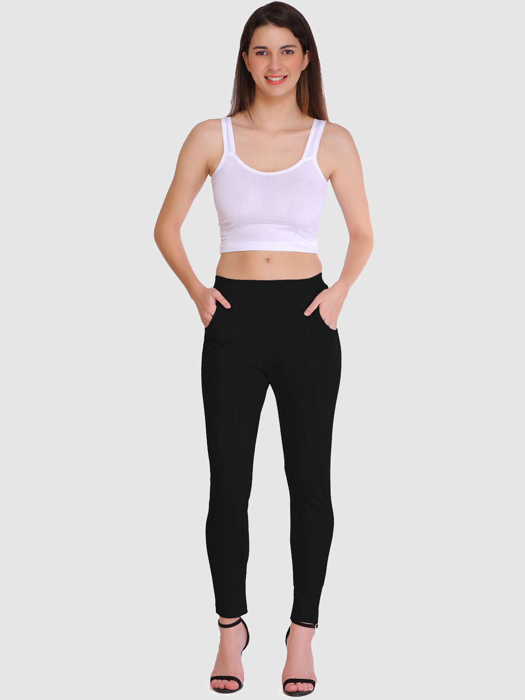 Saundarya Women’s Slim Fit Pocket  Super Combed Cotton Rich Lycra Fabric Tailored Cut Stretchable Solid Plain Color Leggings; Black