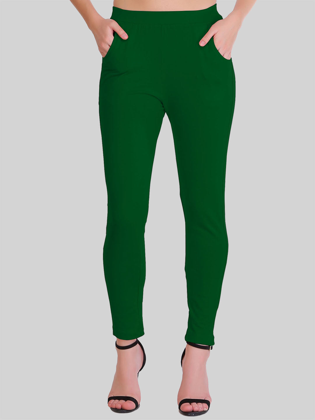 Saundarya Women’s Slim Fit Pocket  Super Combed Cotton Rich Lycra Fabric Tailored Cut Stretchable Solid Plain Color Leggings; Bottle Green