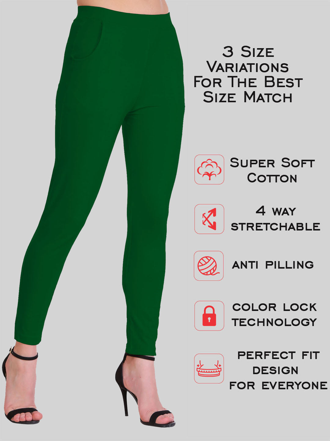 Saundarya Women’s Slim Fit Pocket  Super Combed Cotton Rich Lycra Fabric Tailored Cut Stretchable Solid Plain Color Leggings; Bottle Green