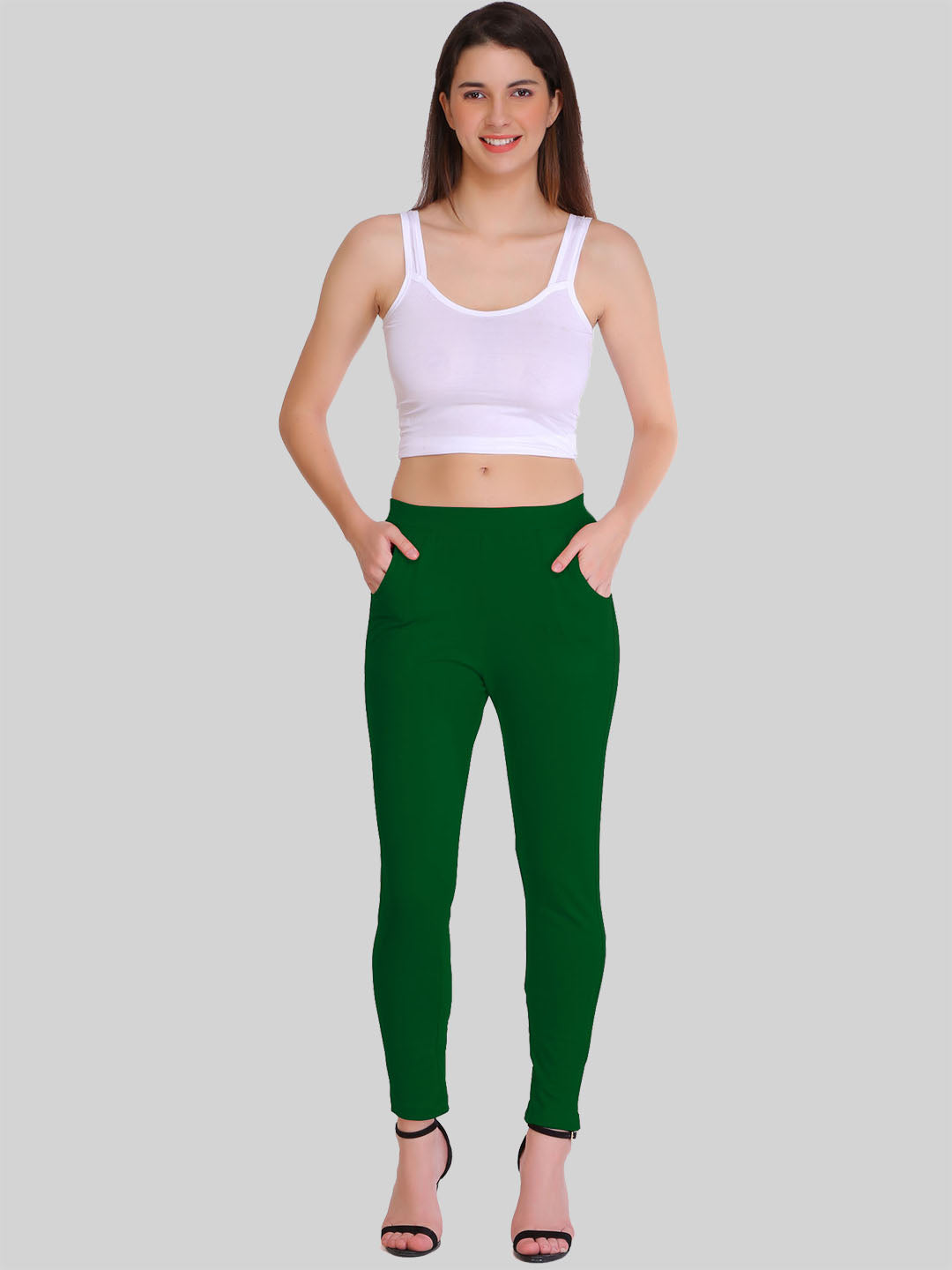 Saundarya Women’s Slim Fit Pocket  Super Combed Cotton Rich Lycra Fabric Tailored Cut Stretchable Solid Plain Color Leggings; Bottle Green