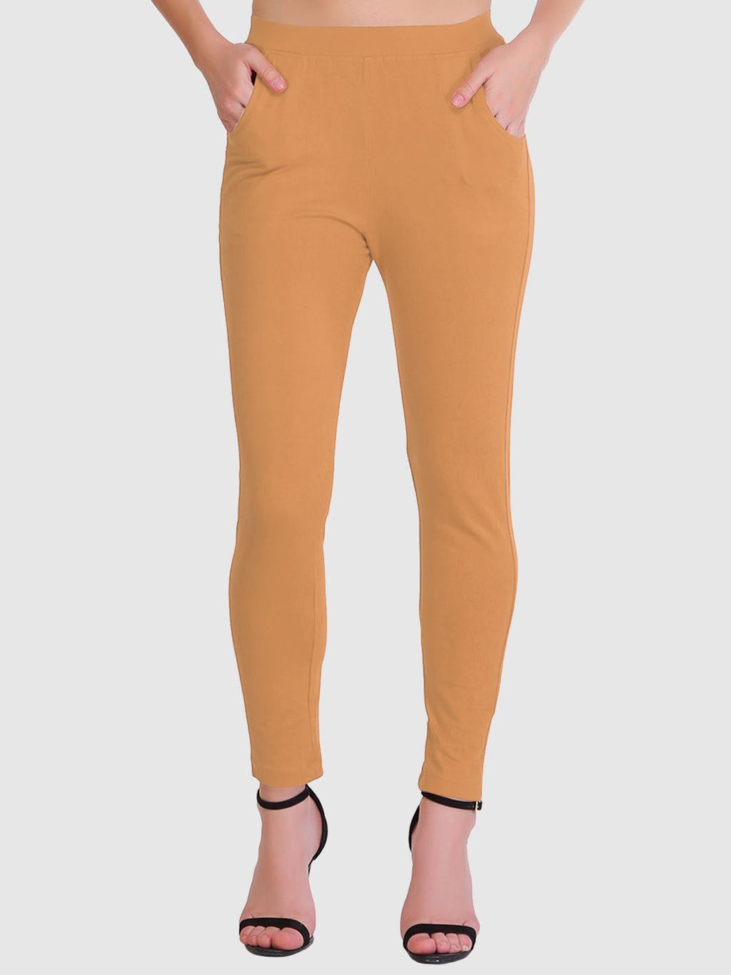 Saundarya Women’s Slim Fit Pocket  Super Combed Cotton Rich Lycra Fabric Tailored Cut Stretchable Solid Plain Color Leggings; Dark Beige