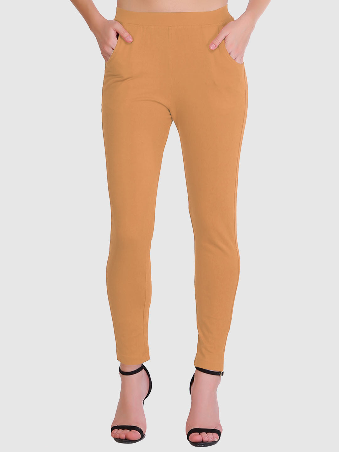 Saundarya Women’s Slim Fit Pocket  Super Combed Cotton Rich Lycra Fabric Tailored Cut Stretchable Solid Plain Color Leggings; Dark Beige