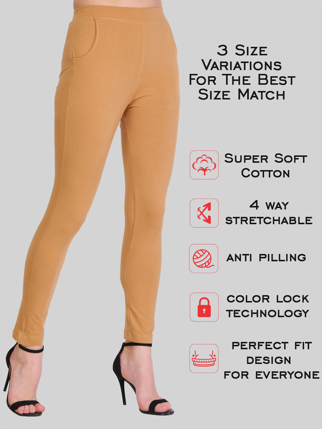 Saundarya Women’s Slim Fit Pocket  Super Combed Cotton Rich Lycra Fabric Tailored Cut Stretchable Solid Plain Color Leggings; Dark Beige
