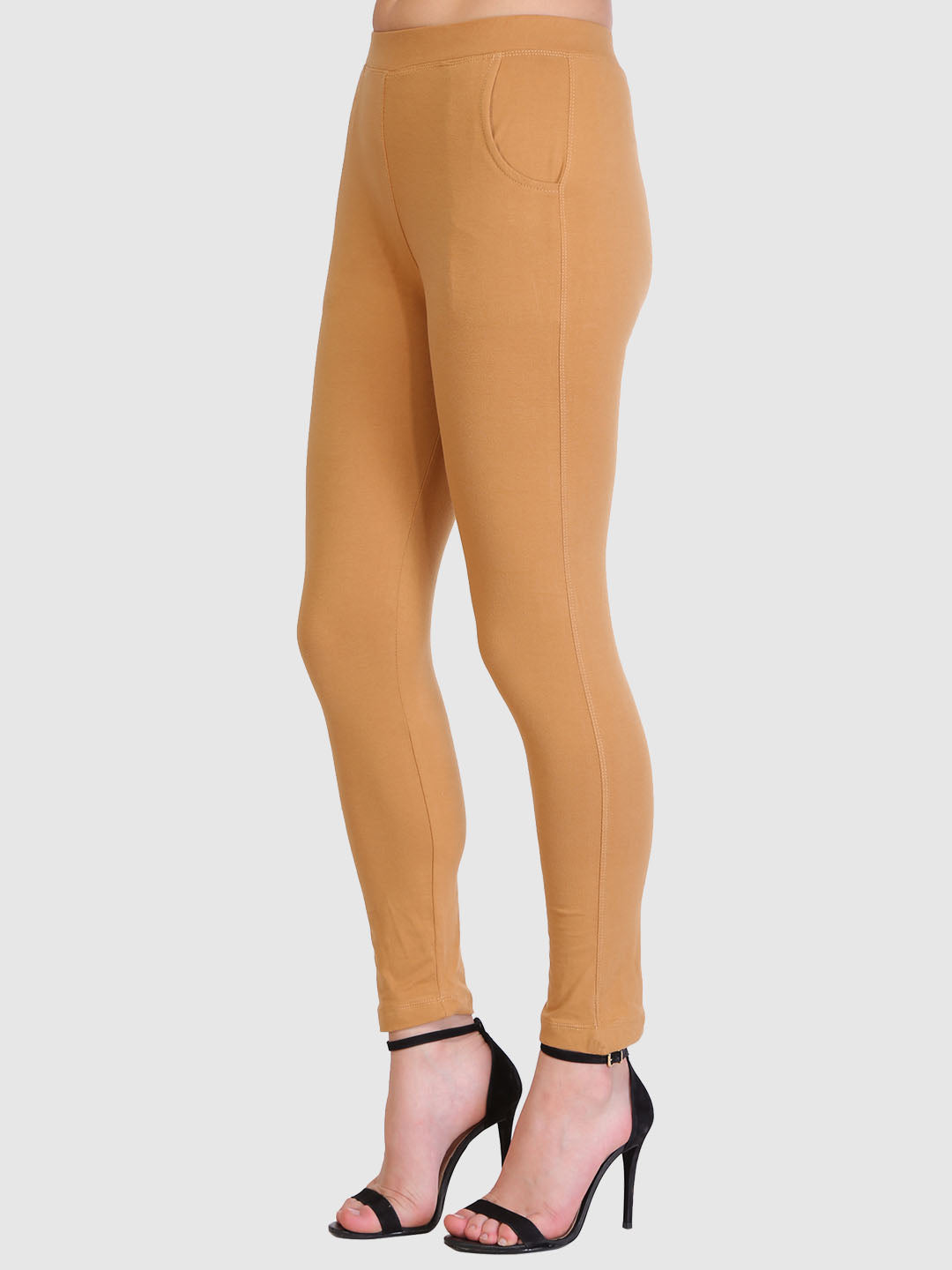 Saundarya Women’s Slim Fit Pocket  Super Combed Cotton Rich Lycra Fabric Tailored Cut Stretchable Solid Plain Color Leggings; Dark Beige