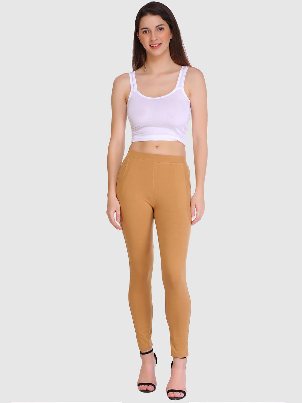 Saundarya Women’s Slim Fit Pocket  Super Combed Cotton Rich Lycra Fabric Tailored Cut Stretchable Solid Plain Color Leggings; Dark Beige
