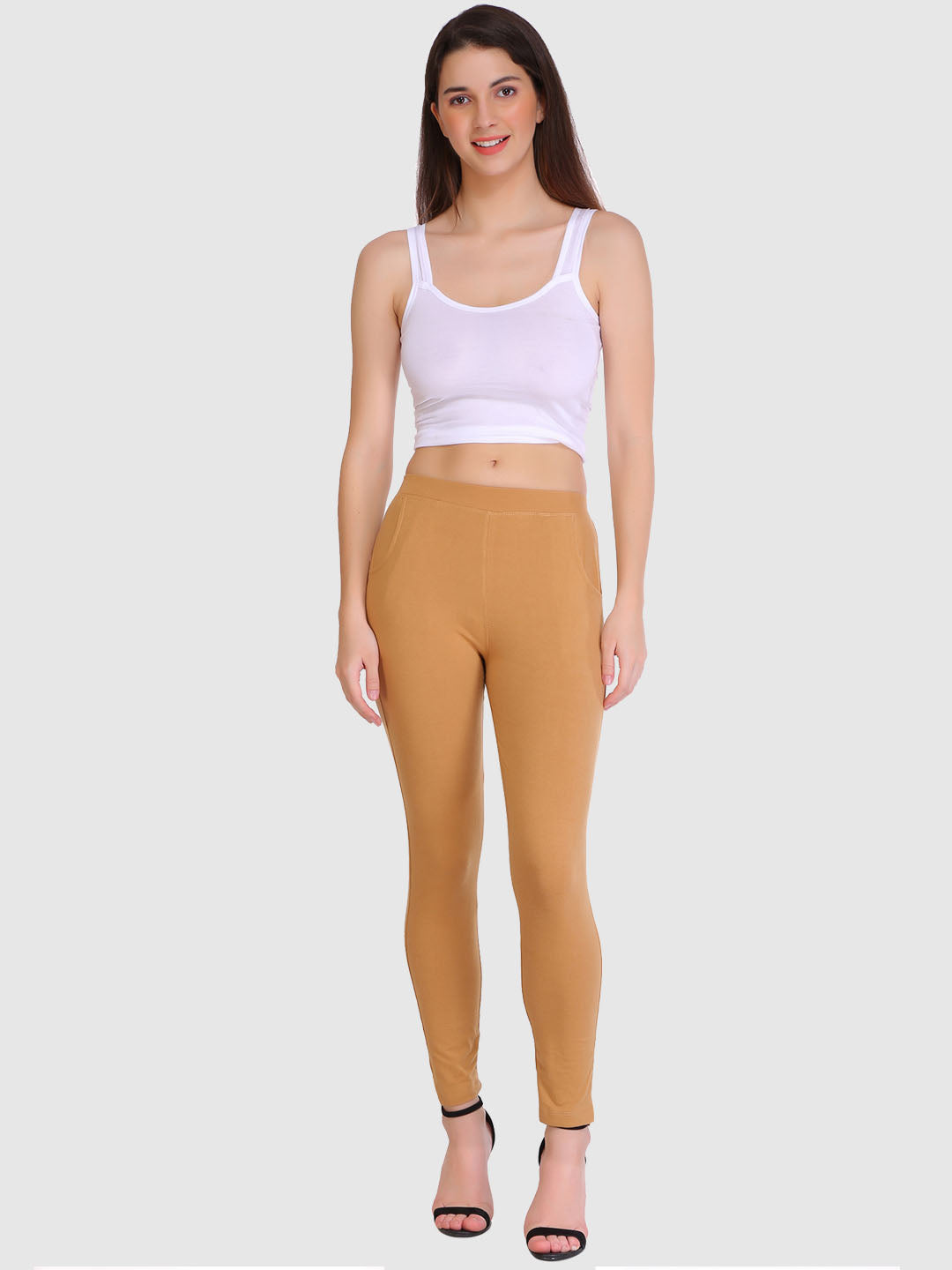 Saundarya Women’s Slim Fit Pocket  Super Combed Cotton Rich Lycra Fabric Tailored Cut Stretchable Solid Plain Color Leggings; Dark Beige