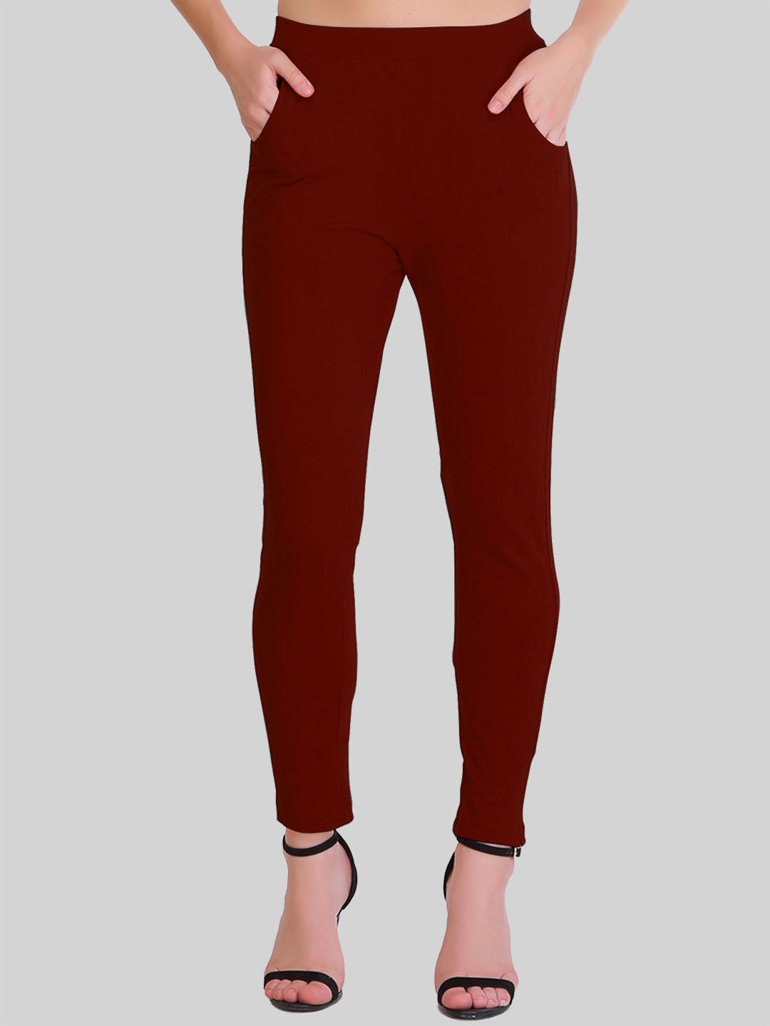 Saundarya Women’s Slim Fit Pocket  Super Combed Cotton Rich Lycra Fabric Tailored Cut Stretchable Solid Plain Color Leggings; Dark Maroon