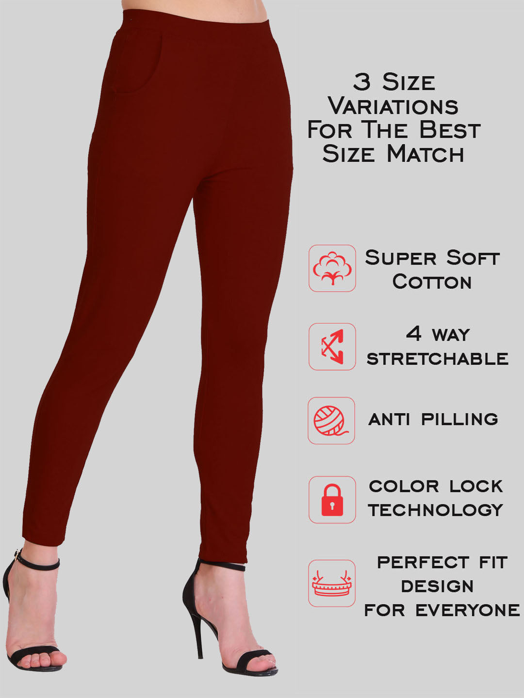 Saundarya Women’s Slim Fit Pocket  Super Combed Cotton Rich Lycra Fabric Tailored Cut Stretchable Solid Plain Color Leggings; Dark Maroon