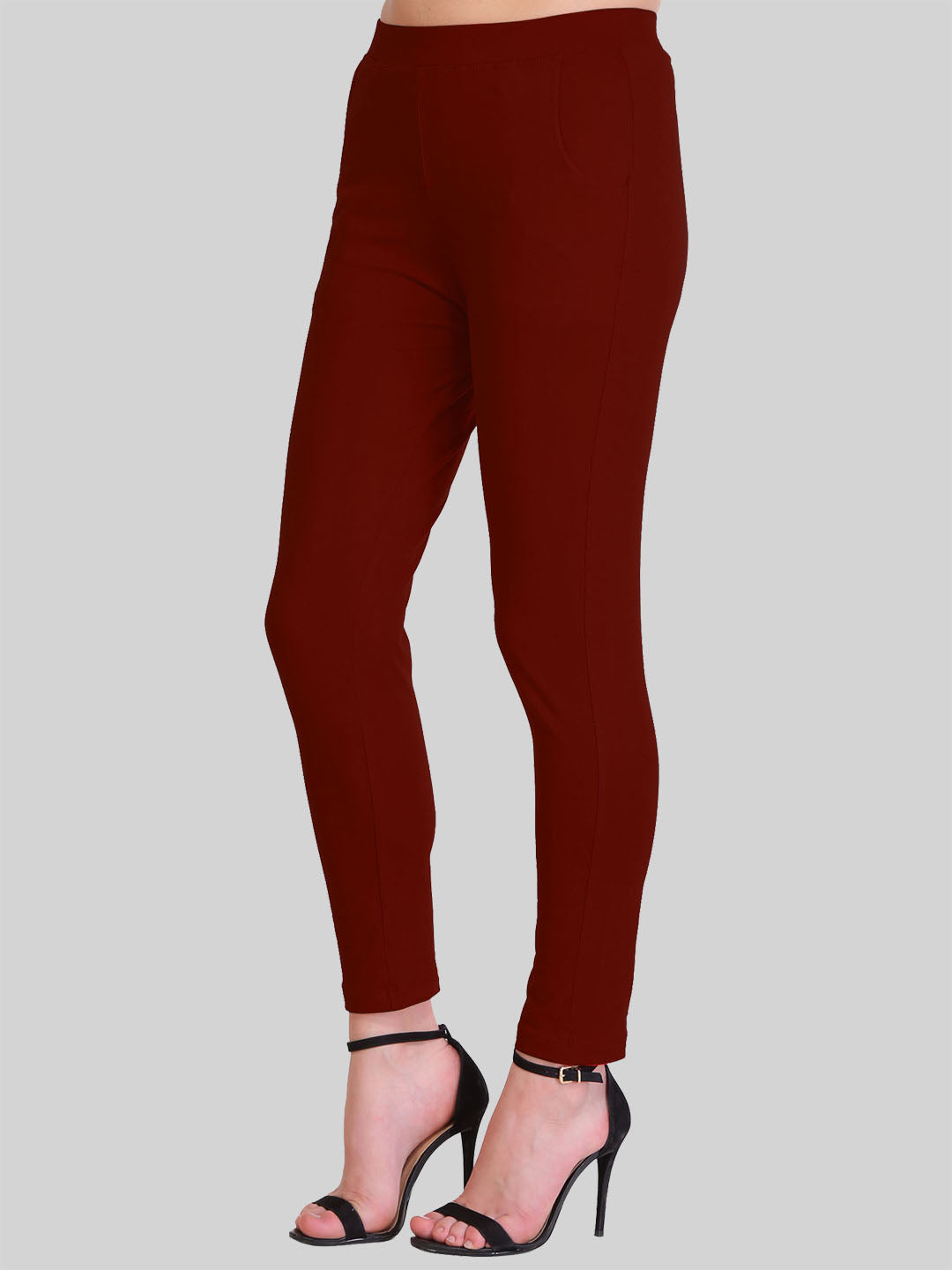 Saundarya Women’s Slim Fit Pocket  Super Combed Cotton Rich Lycra Fabric Tailored Cut Stretchable Solid Plain Color Leggings; Dark Maroon
