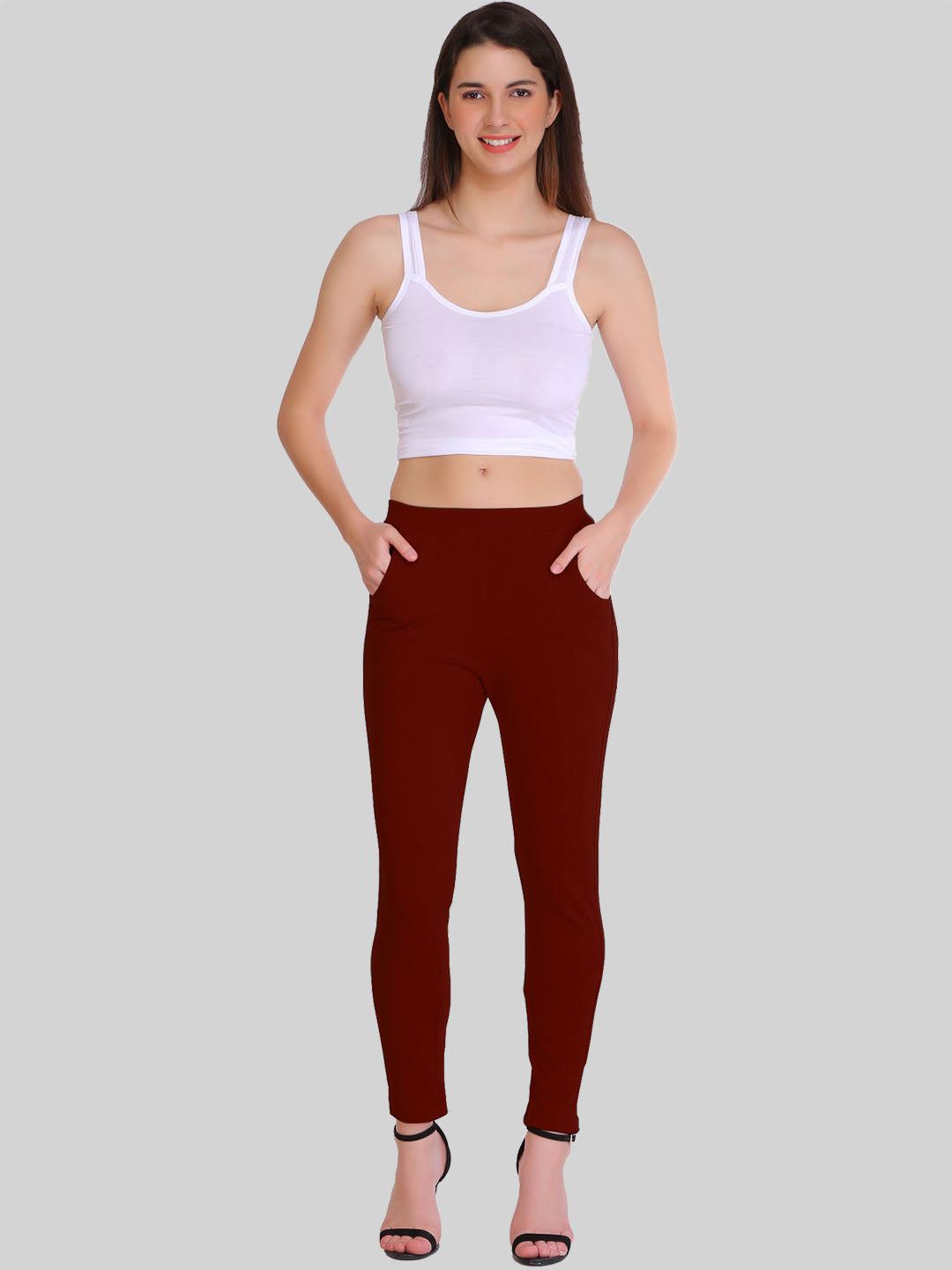 Saundarya Women’s Slim Fit Pocket  Super Combed Cotton Rich Lycra Fabric Tailored Cut Stretchable Solid Plain Color Leggings; Dark Maroon