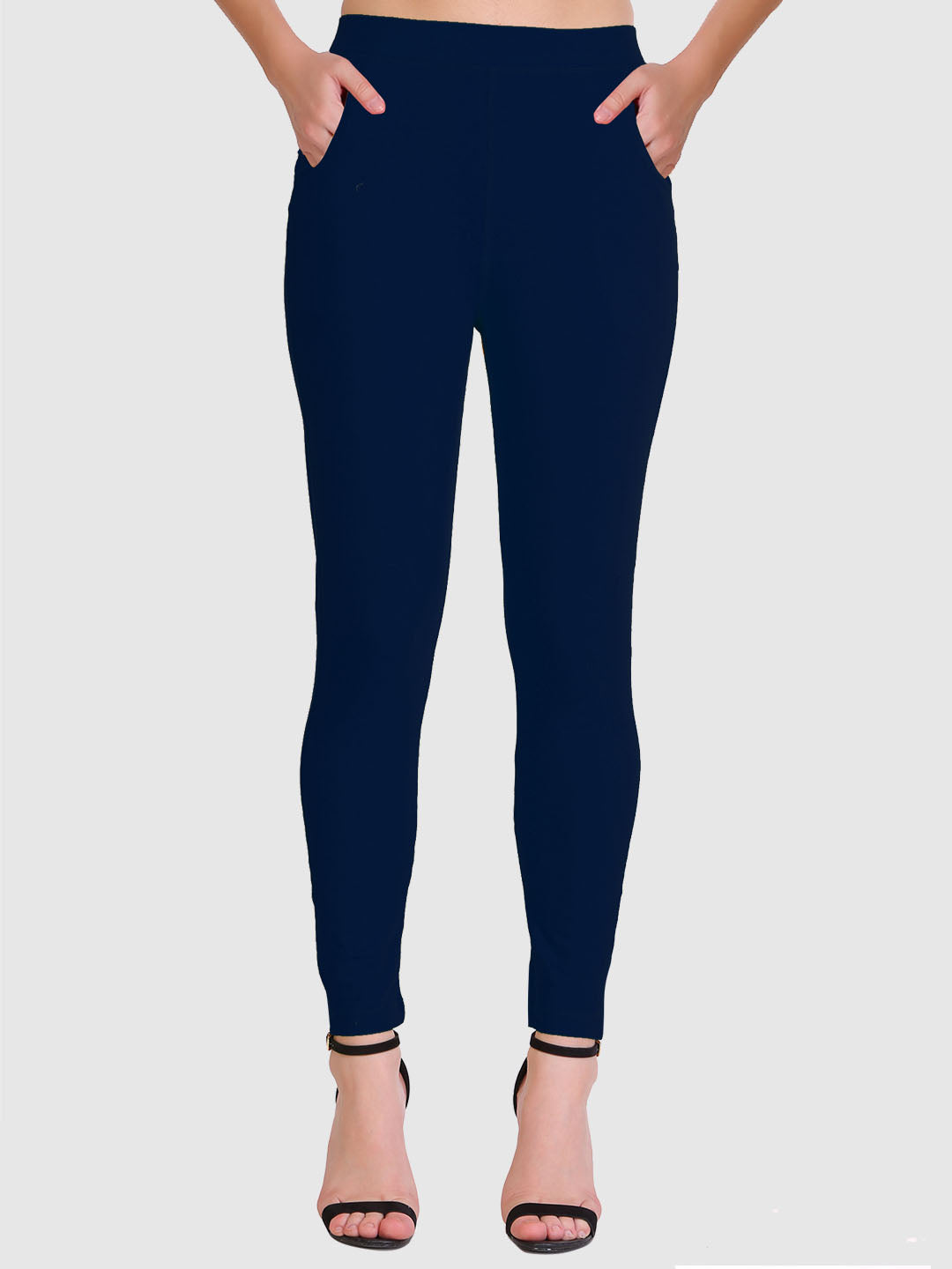 Saundarya Women’s Slim Fit Pocket  Super Combed Cotton Rich Lycra Fabric Tailored Cut Stretchable Solid Plain Color Leggings; Navy Blue