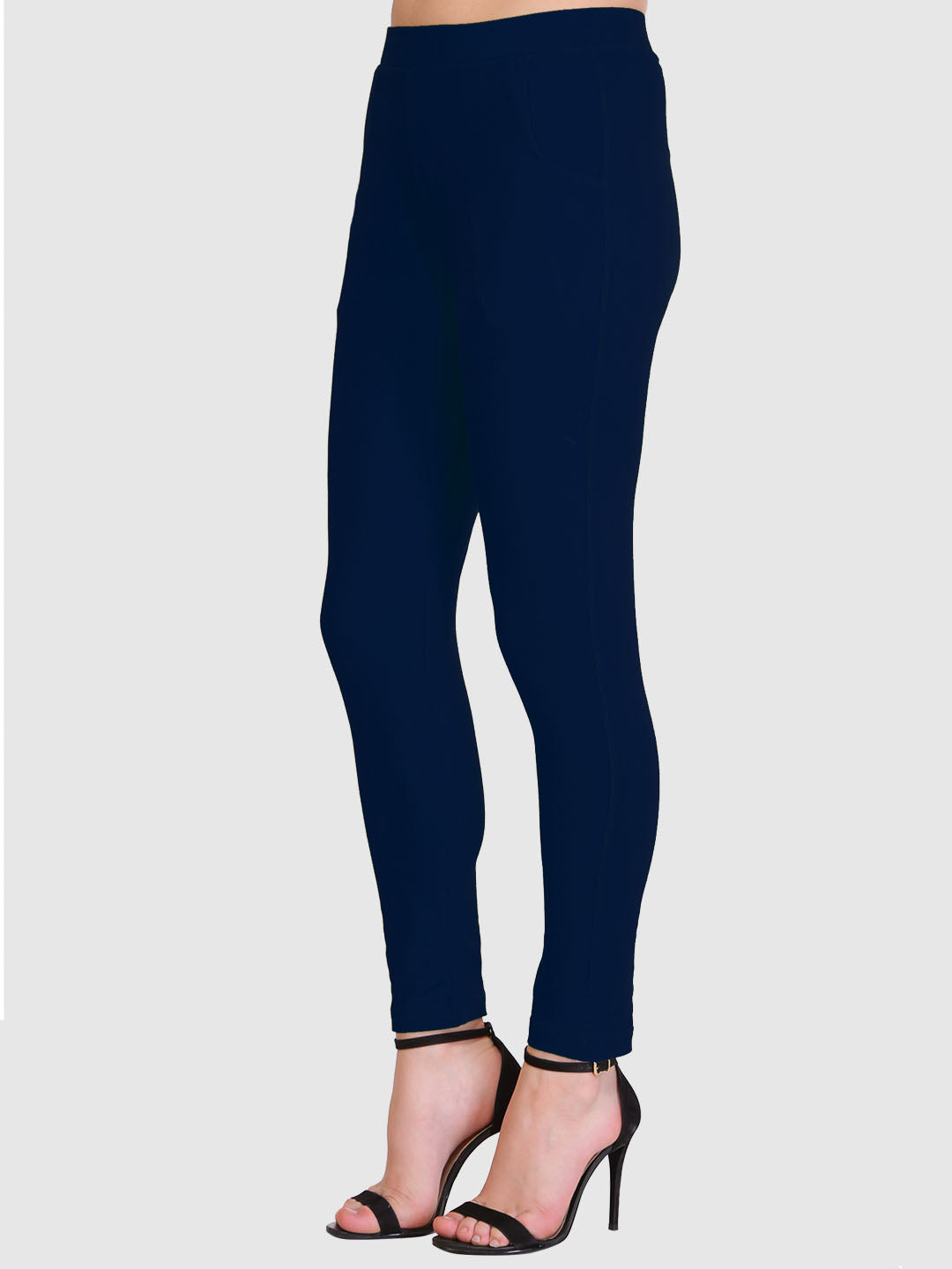 Saundarya Women’s Slim Fit Pocket  Super Combed Cotton Rich Lycra Fabric Tailored Cut Stretchable Solid Plain Color Leggings; Navy Blue