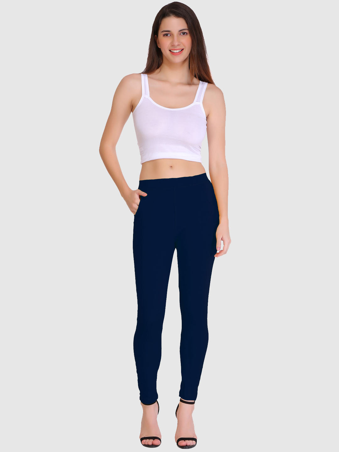 Saundarya Women’s Slim Fit Pocket  Super Combed Cotton Rich Lycra Fabric Tailored Cut Stretchable Solid Plain Color Leggings; Navy Blue
