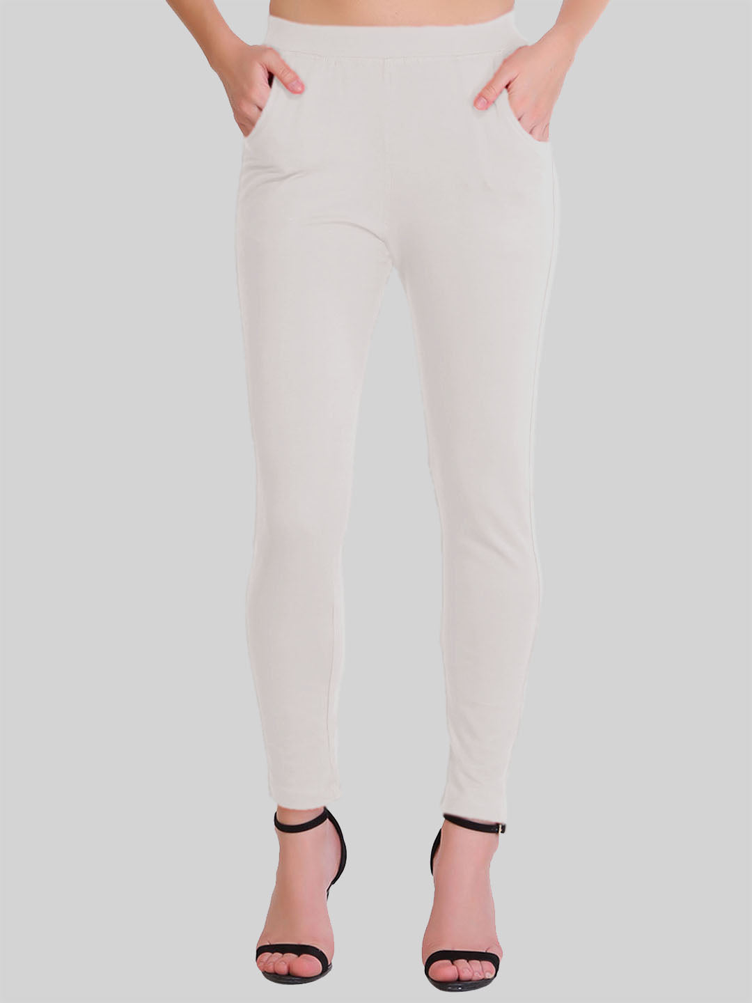 Saundarya Women’s Slim Fit Pocket  Super Combed Cotton Rich Lycra Fabric Tailored Cut Stretchable Solid Plain Color Leggings; Off White