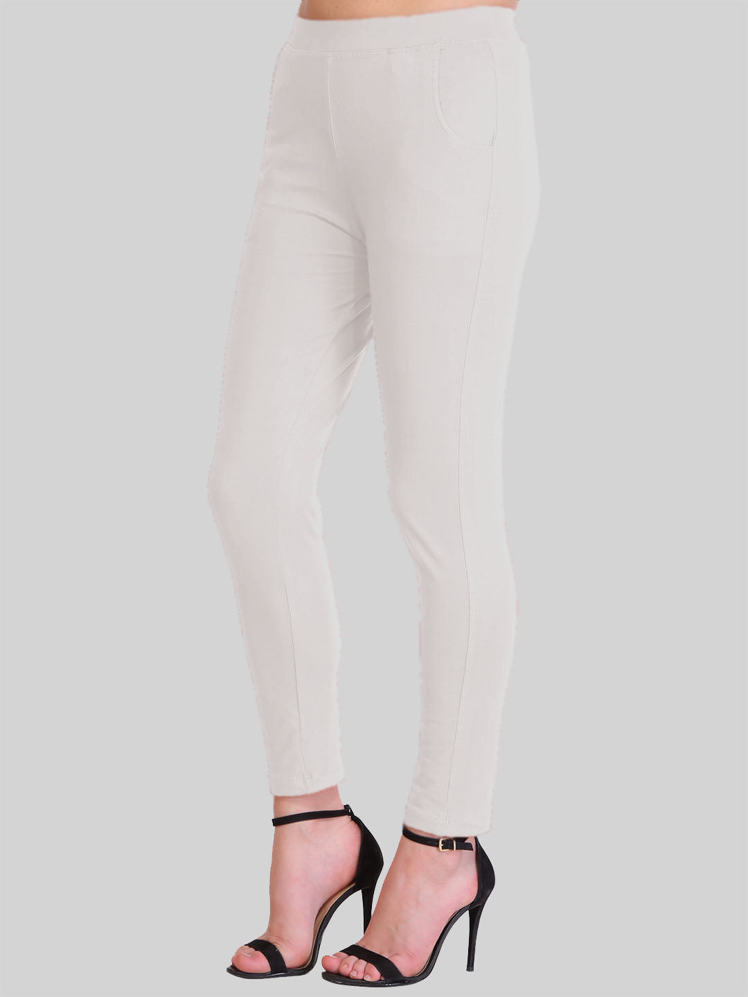 Saundarya Women’s Slim Fit Pocket  Super Combed Cotton Rich Lycra Fabric Tailored Cut Stretchable Solid Plain Color Leggings; Off White