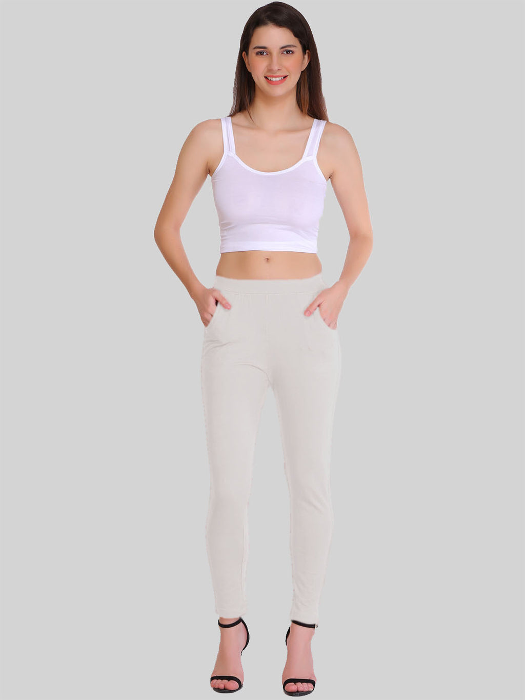 Saundarya Women’s Slim Fit Pocket  Super Combed Cotton Rich Lycra Fabric Tailored Cut Stretchable Solid Plain Color Leggings; Off White