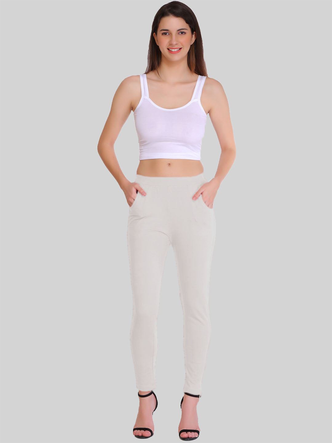 Saundarya Women’s Slim Fit Pocket  Super Combed Cotton Rich Lycra Fabric Tailored Cut Stretchable Solid Plain Color Leggings; Off White