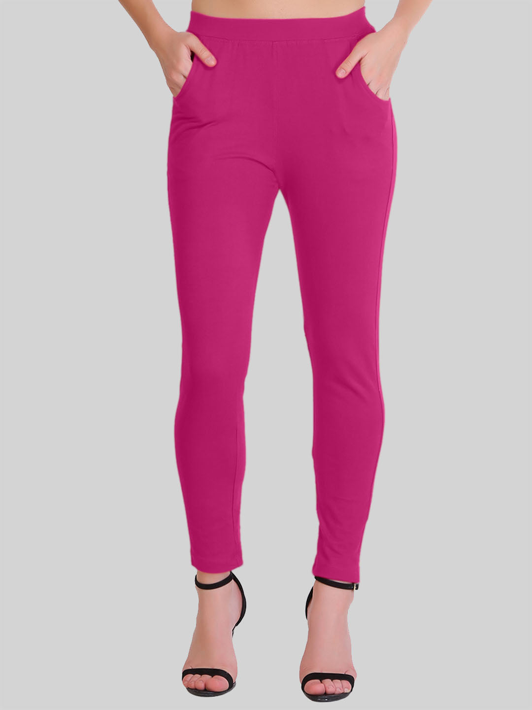 Saundarya Women’s Slim Fit Pocket  Super Combed Cotton Rich Lycra Fabric Tailored Cut Stretchable Solid Plain Color Leggings; Dark Pink