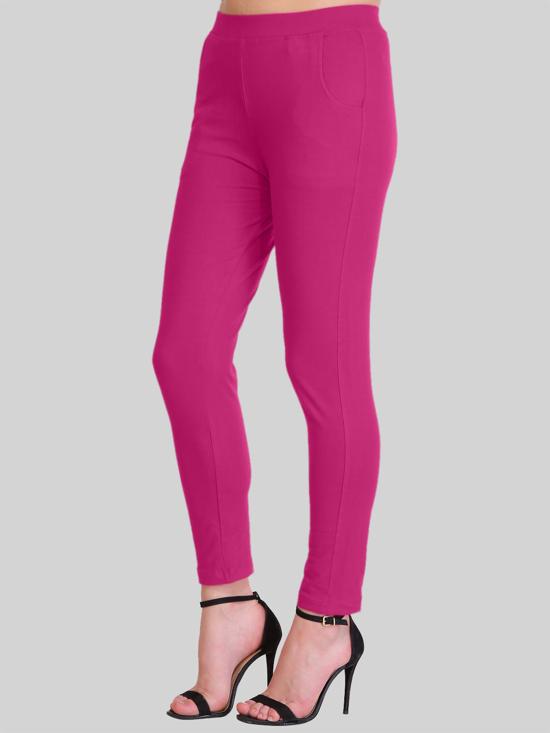 Saundarya Women’s Slim Fit Pocket  Super Combed Cotton Rich Lycra Fabric Tailored Cut Stretchable Solid Plain Color Leggings; Dark Pink