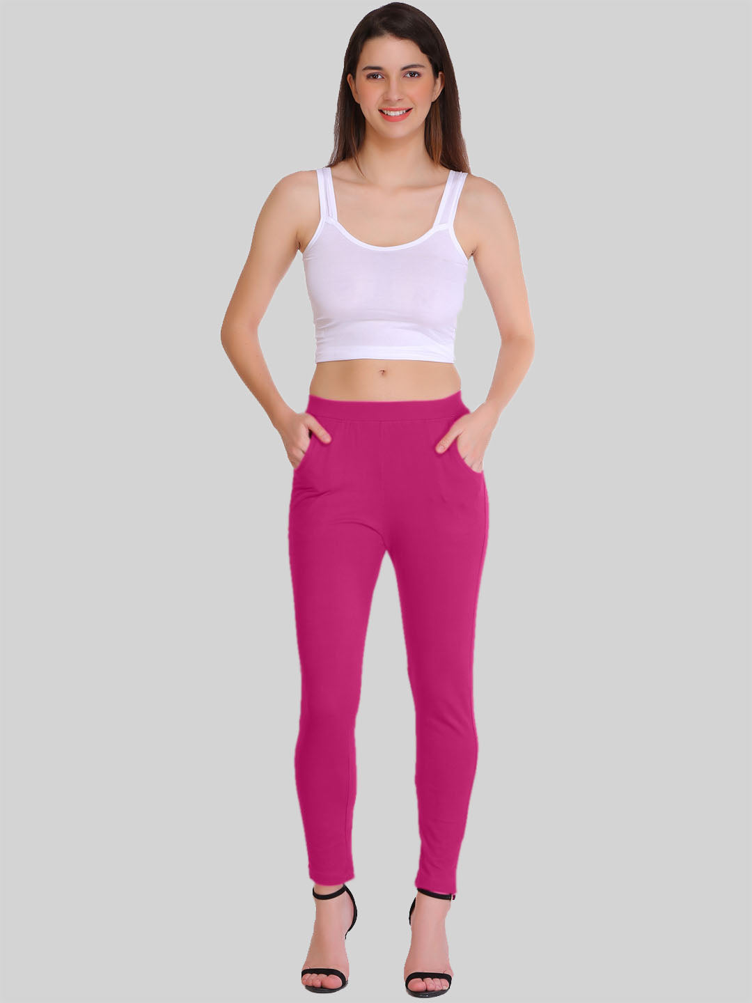 Saundarya Women’s Slim Fit Pocket  Super Combed Cotton Rich Lycra Fabric Tailored Cut Stretchable Solid Plain Color Leggings; Dark Pink