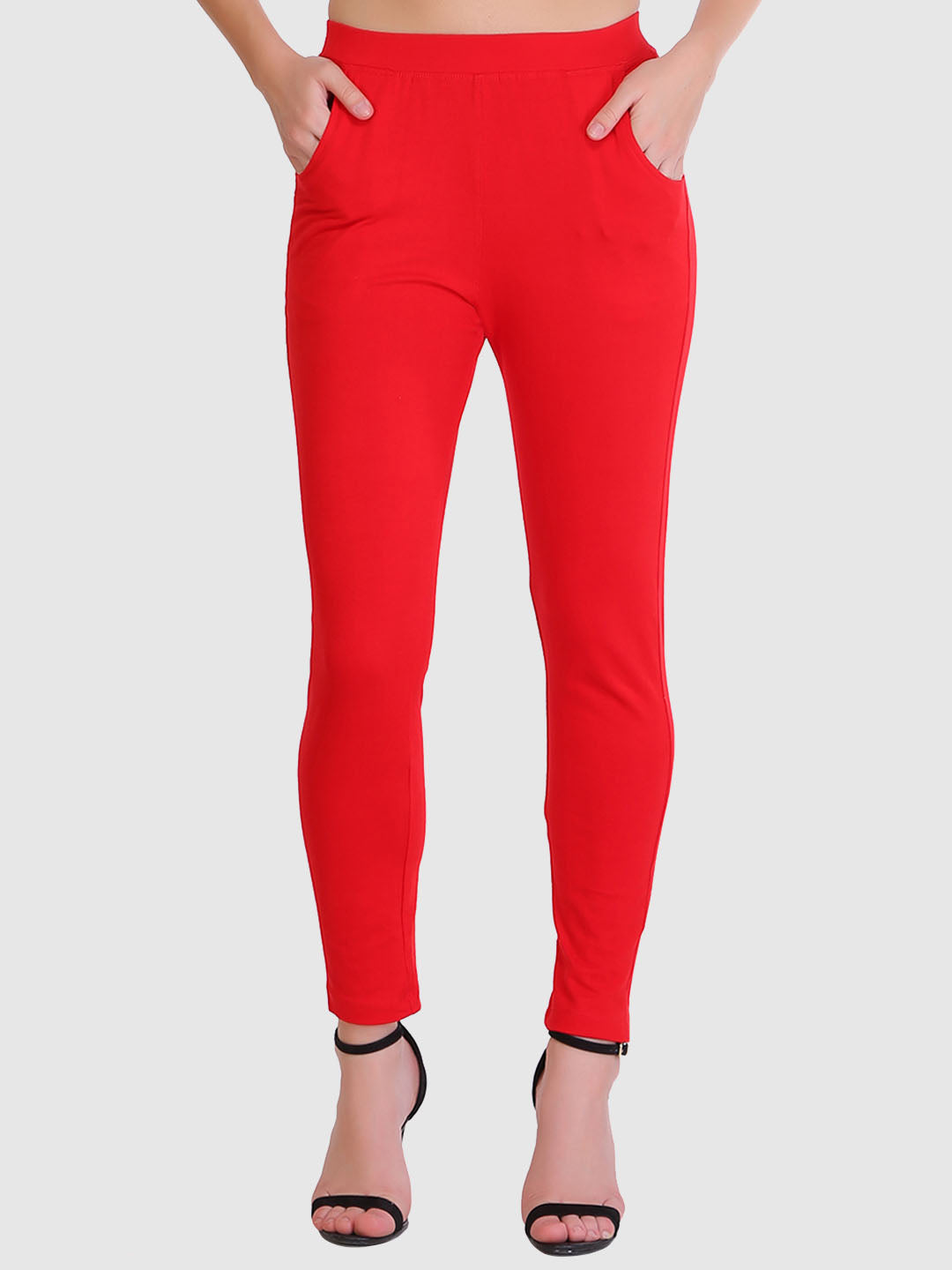 Saundarya Women’s Slim Fit Pocket  Super Combed Cotton Rich Lycra Fabric Tailored Cut Stretchable Solid Plain Color Leggings; Red