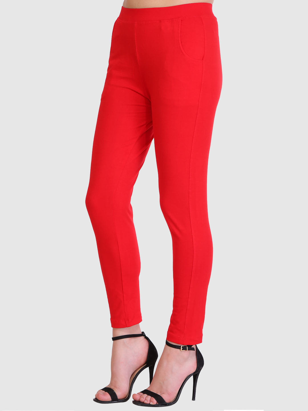 Saundarya Women’s Slim Fit Pocket  Super Combed Cotton Rich Lycra Fabric Tailored Cut Stretchable Solid Plain Color Leggings; Red