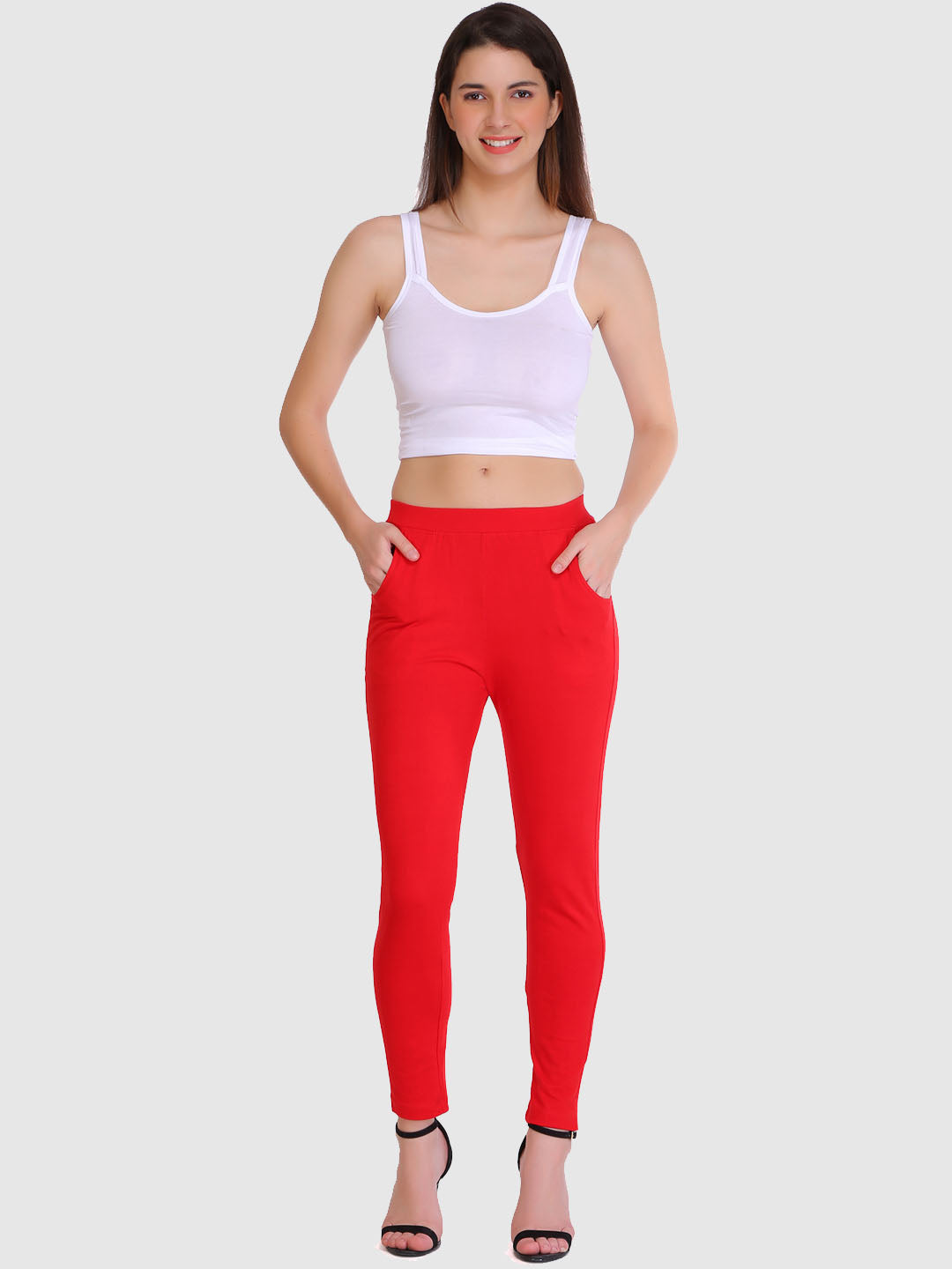 Saundarya Women’s Slim Fit Pocket  Super Combed Cotton Rich Lycra Fabric Tailored Cut Stretchable Solid Plain Color Leggings; Red