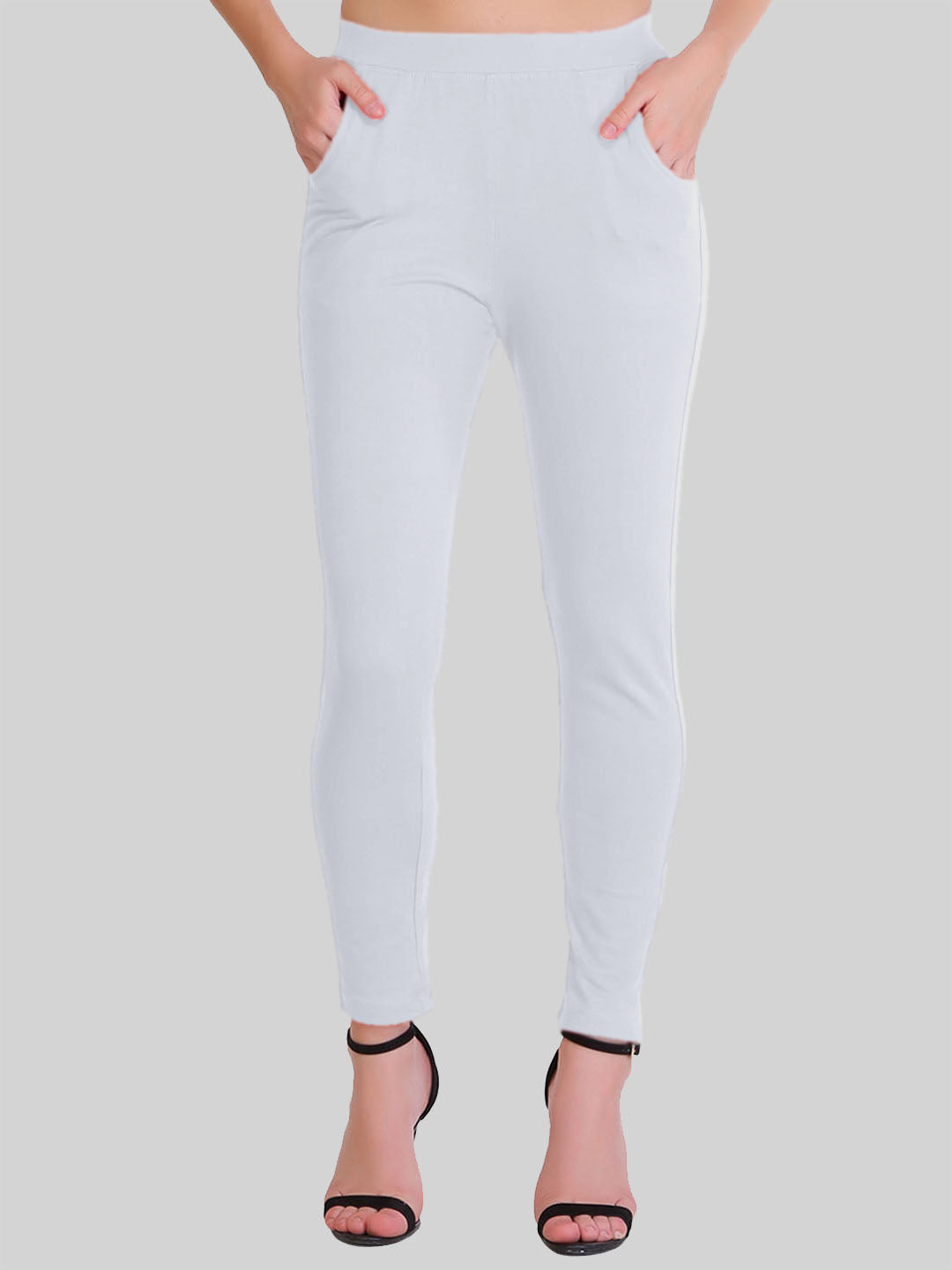 Saundarya Women’s Slim Fit Pocket  Super Combed Cotton Rich Lycra Fabric Tailored Cut Stretchable Solid Plain Color Leggings; White