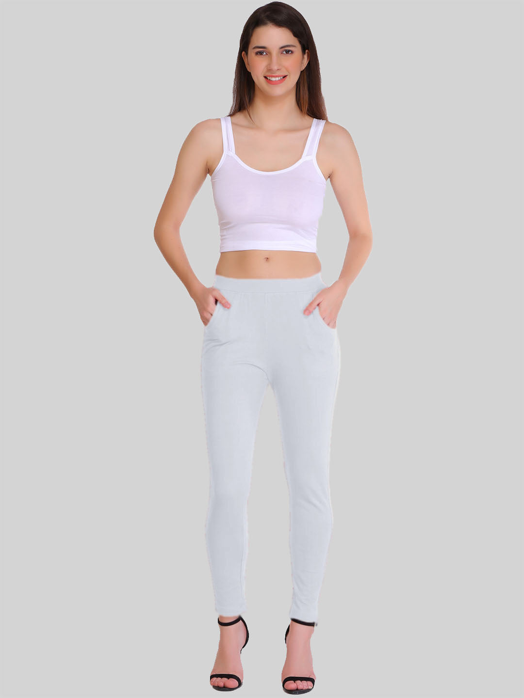 Saundarya Women’s Slim Fit Pocket  Super Combed Cotton Rich Lycra Fabric Tailored Cut Stretchable Solid Plain Color Leggings; White