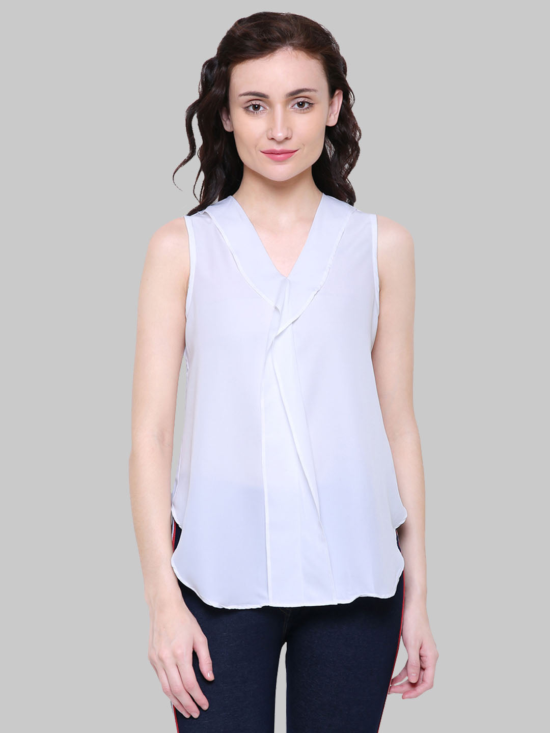 Saundarya Women's White American Crepe Sleeveless Ruffled Neck Top