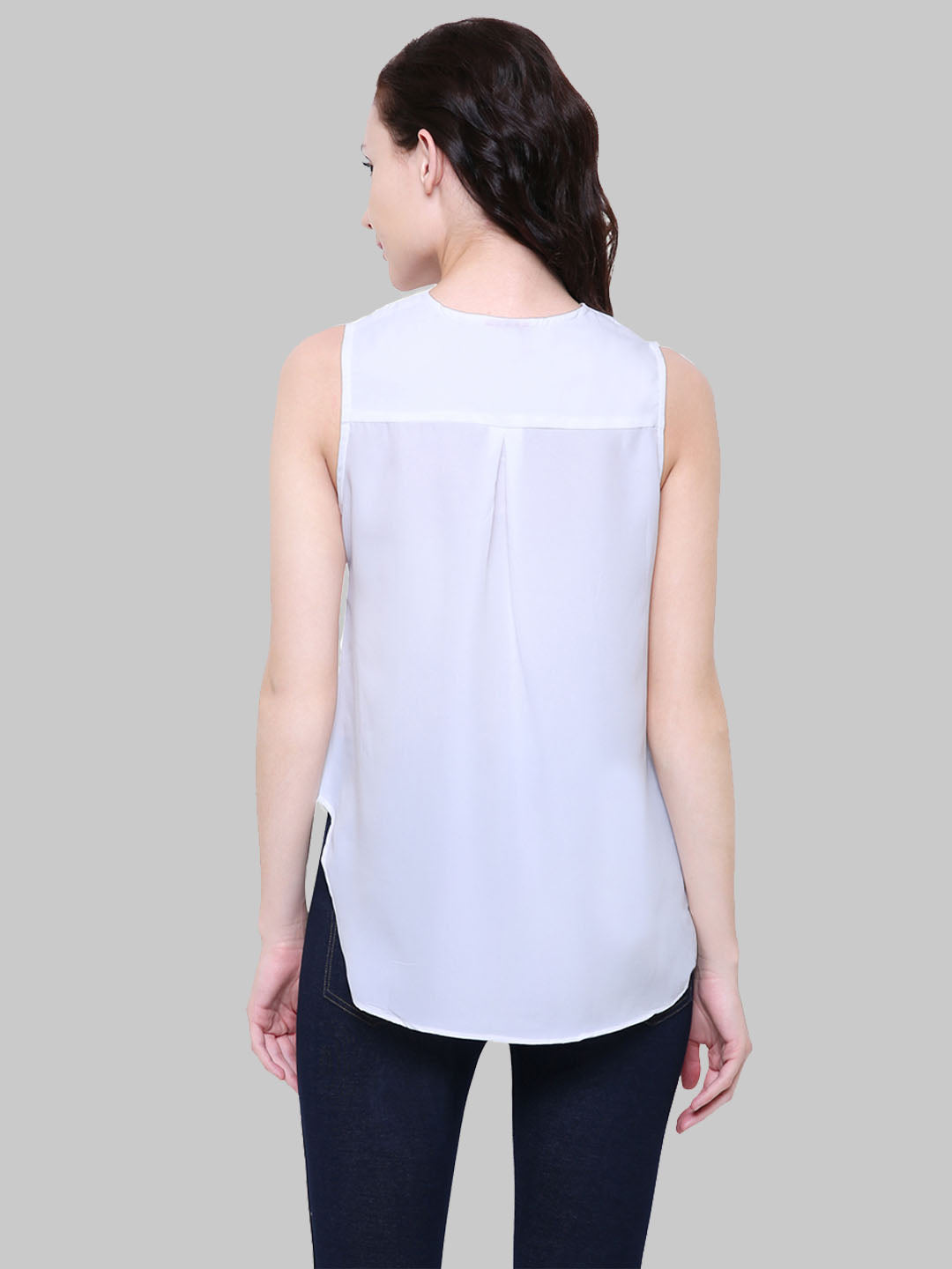 Saundarya Women's White American Crepe Sleeveless Ruffled Neck Top