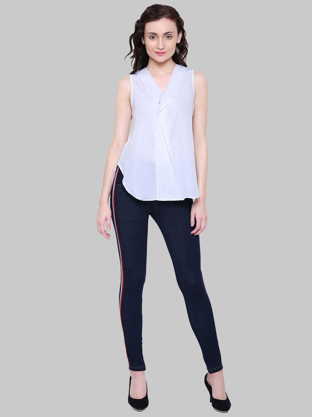 Saundarya Women's White American Crepe Sleeveless Ruffled Neck Top