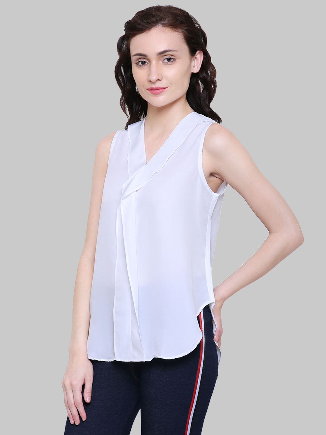 Saundarya Women's White American Crepe Sleeveless Ruffled Neck Top