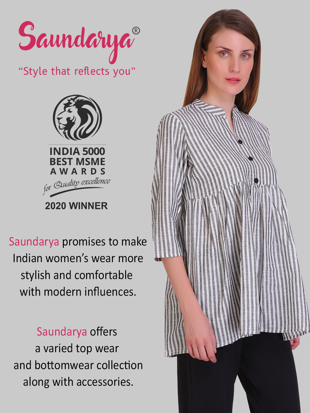 Saundarya Women's Grey and White Striped Flared Top