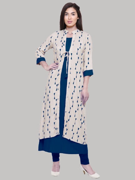 Saundarya Women's Rayon Cotton Sleeveless Dress With jacket : Navy Blue