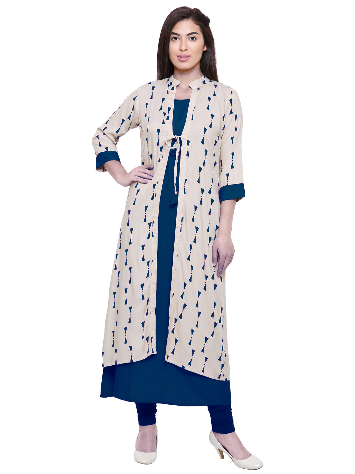 Saundarya Women's Rayon Cotton Sleeveless Dress With jacket : Navy Blue
