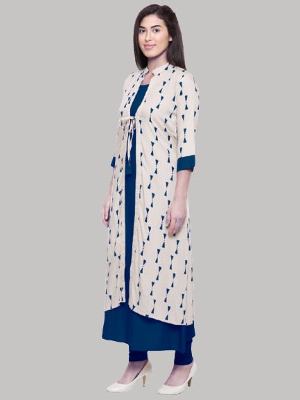 Saundarya Women's Rayon Cotton Sleeveless Dress With jacket : Navy Blue