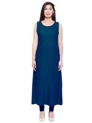 Saundarya Women's Rayon Cotton Sleeveless Dress With jacket : Navy Blue