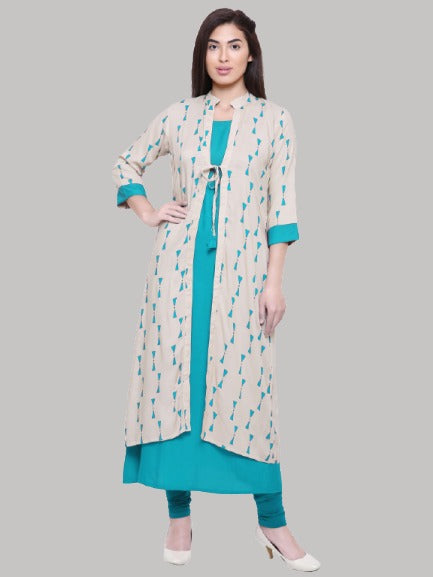 Saundarya Women's Rayon Cotton Sleeveless Dress With jacket : Rama Green