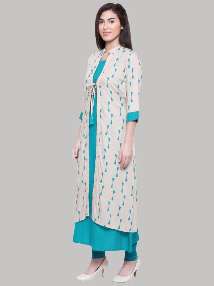 Saundarya Women's Rayon Cotton Sleeveless Dress With jacket : Rama Green