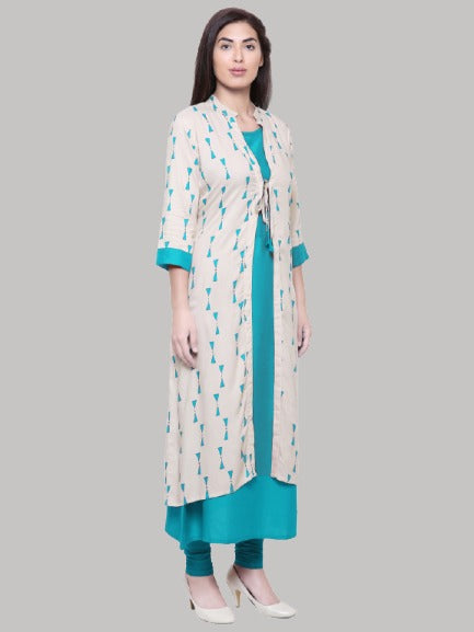 Saundarya Women's Rayon Cotton Sleeveless Dress With jacket : Rama Green